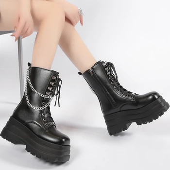 Новая женская обувь на платформе, мода 2023 года, большие размеры, ботильоны с квадратным носком и металлической цепочкой на молнии для женщин, зимние ботинки на массивном каблуке