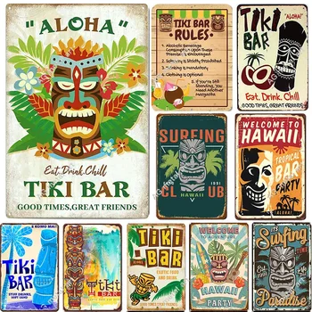 Ретро-картина Tiki Bar & Rules Жестяная табличка для паба, музыкального бара, украшения клуба, домашнего декора, Винтажная Металлическая табличка, плакат на стену
